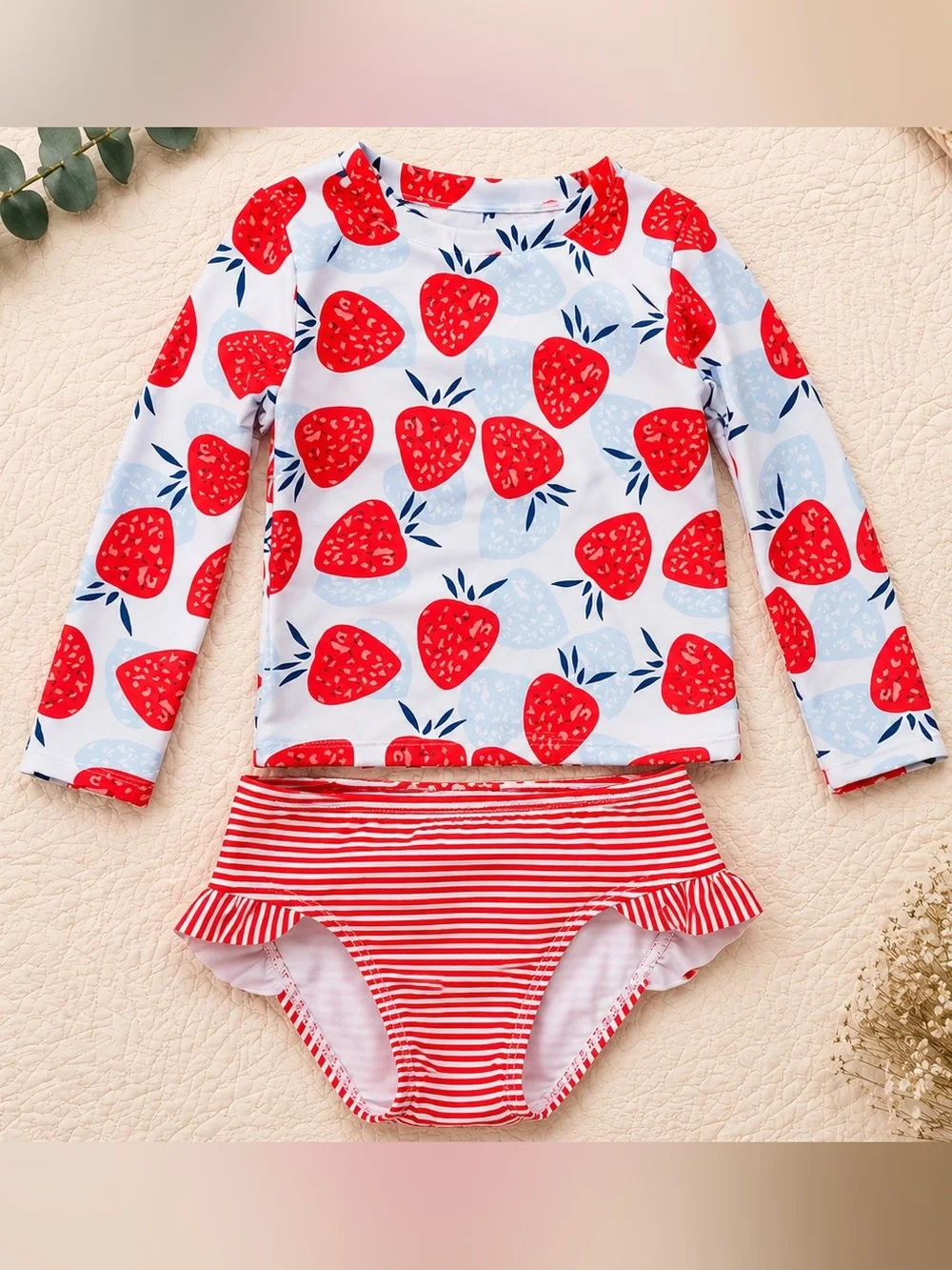Strawberry Print Long Sleeve Rash Guard Set - Kids Swim